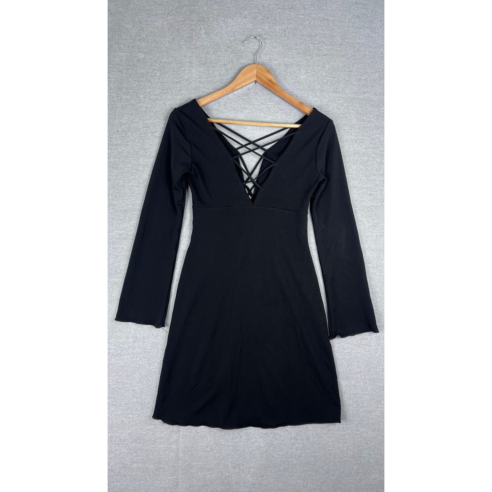 Arden B Black Lace Up V-Neck Long Sleeve Mini Dress Bell Sleeve Small Y2K Goth